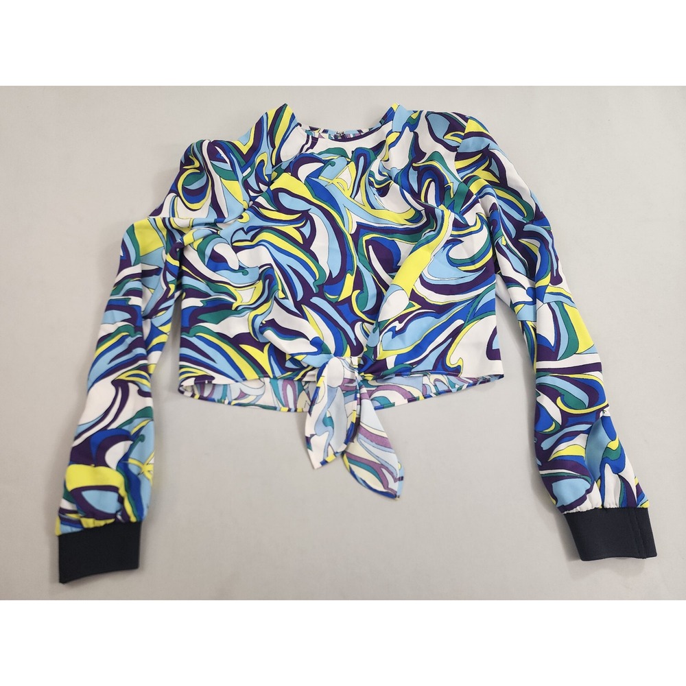 Express Womens Small Blue White Abstract Swirl Long Sleeve Tie Front Crop Blouse
